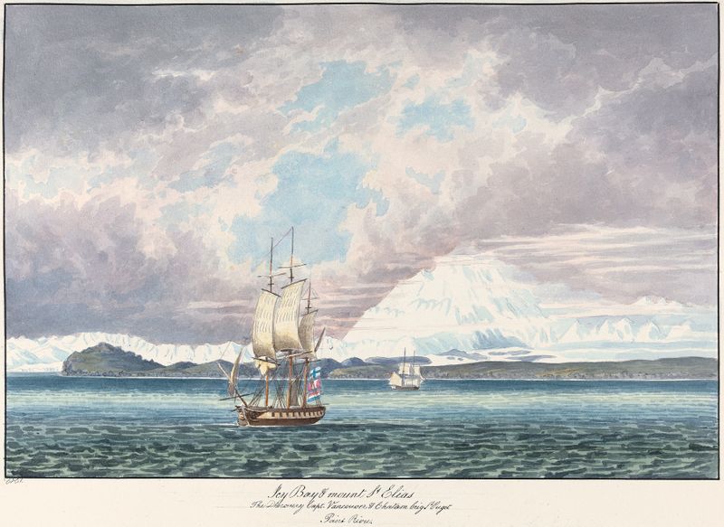 Icy Bay & Mount Saint Elias de Charles Hamilton Smith, pintura al óleo que representa un paisaje montañoso.
