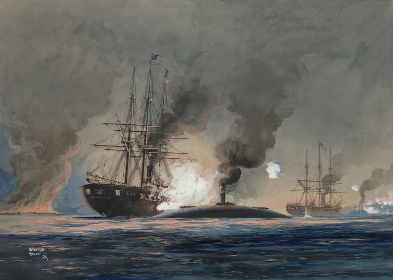 Naval scene depicting U.S.S. Brooklyn and C.S.S. Ram Manassas by Worden Wood, oil painting