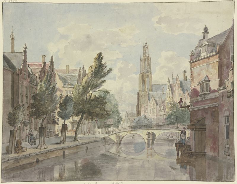Canal scene with a bridge and cathedral, oil painting by Johannes Huibert Prins