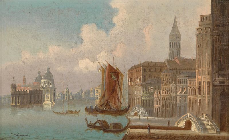 Landscape by Johann Wilhelm Jankowski, depicting a Venetian canal with reflections.