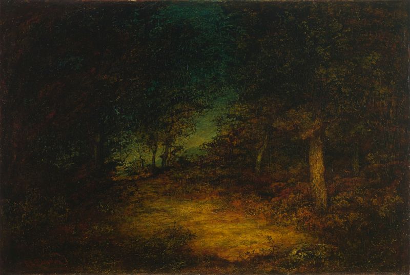 Escena interior con paneles de madera iluminados por luz suave, pintura al óleo de Ralph Albert Blakelock