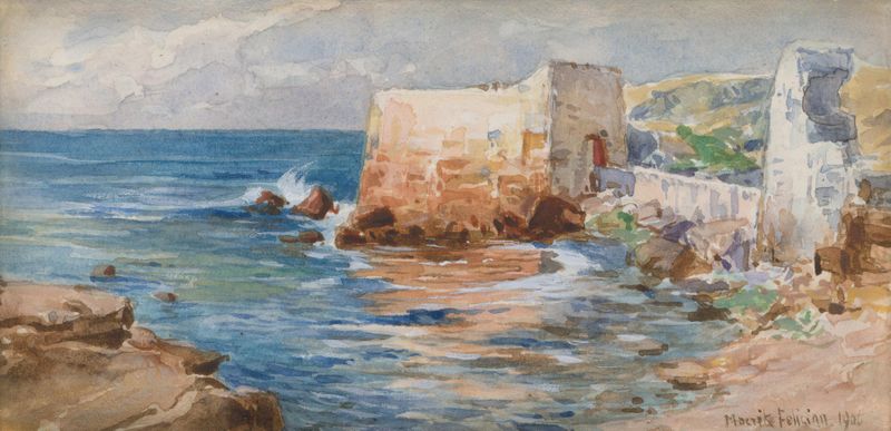 Fortress by the Sea, oil on canvas by Felicián Moczik, depicting waves crashing against a fortress.