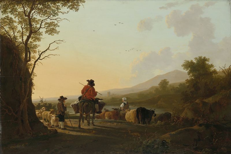 Paisagem com Condutor de Gado e Pastor, óleo sobre tela de Jacob van Strij