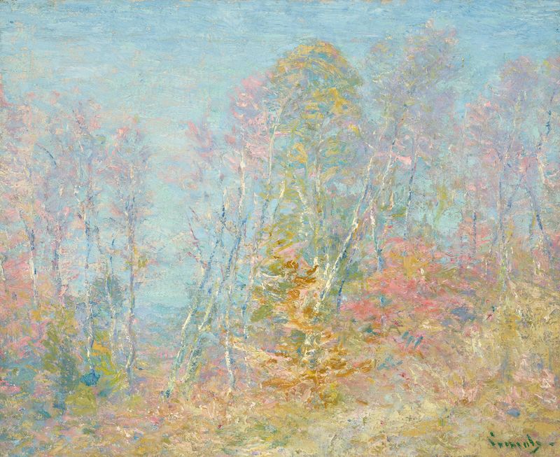 Figurative oil painting by Robert William Vonnoh depicting a woman cradling an instrument.