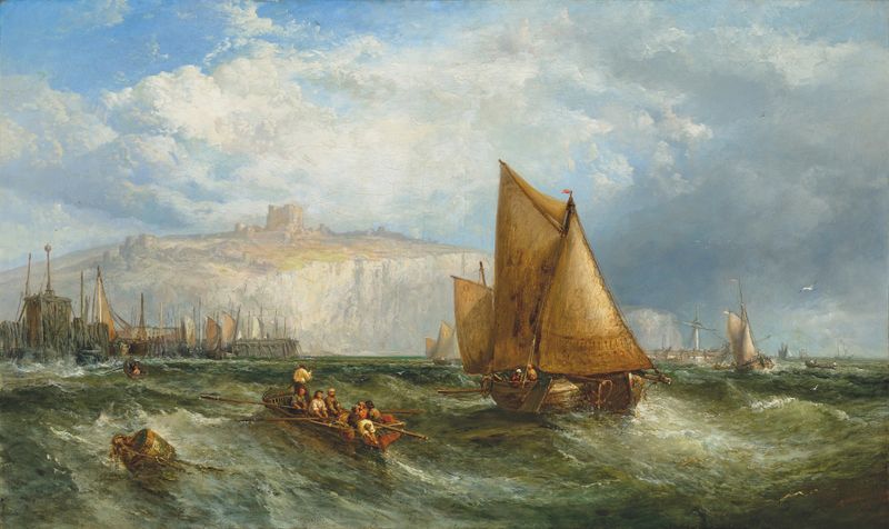 Dover by James Webb, oil on canvas depicting cliffs and a twilight sky.