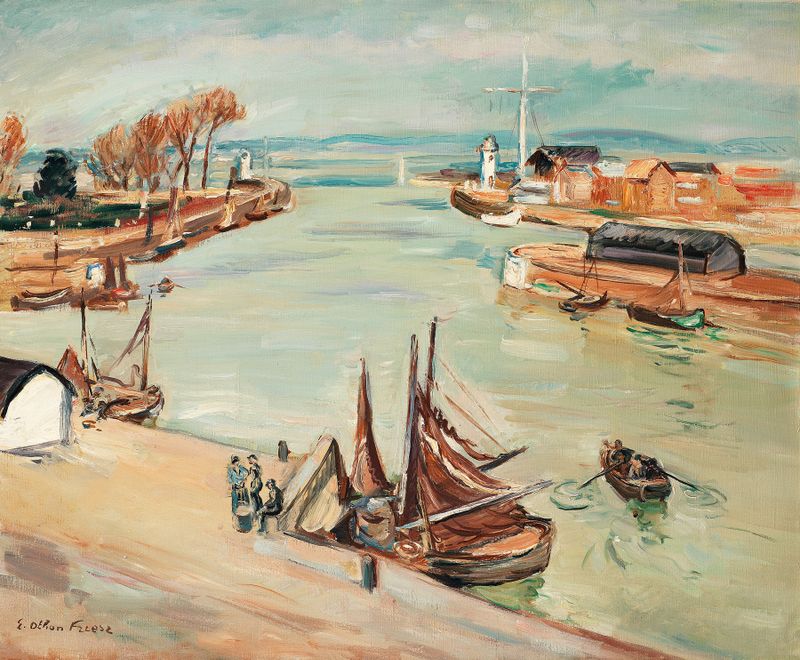 Le port de Honfleur by Emile Othon Friesz, oil on canvas depicting a harbor with shimmering reflections.