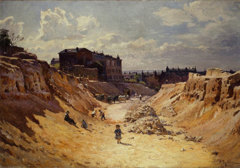 Landscape of Montmartre with foliage and cobblestone path, oil painting by Alfred Renaudin