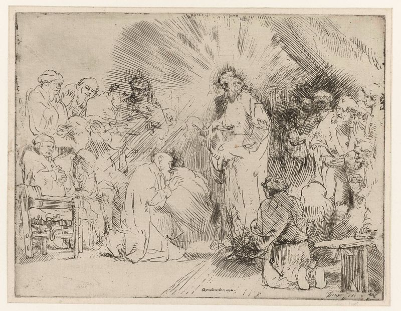 Cristo aparecendo aos apóstolos, gravura de Rembrandt van Rijn, mostrando apóstolos na luz celestial.