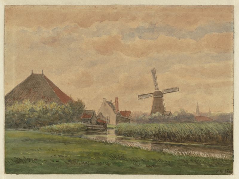 Landscape with a windmill against a blue sky, oil painting by Hendrik Hulk