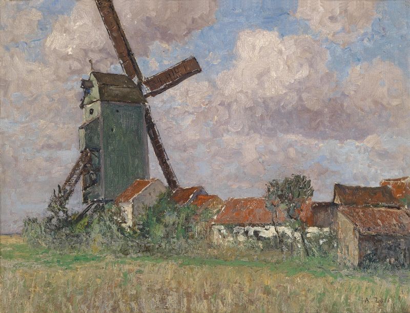 Paisagem com uma aldeia e um moinho de vento de Alfred Zoff, pintura a óleo