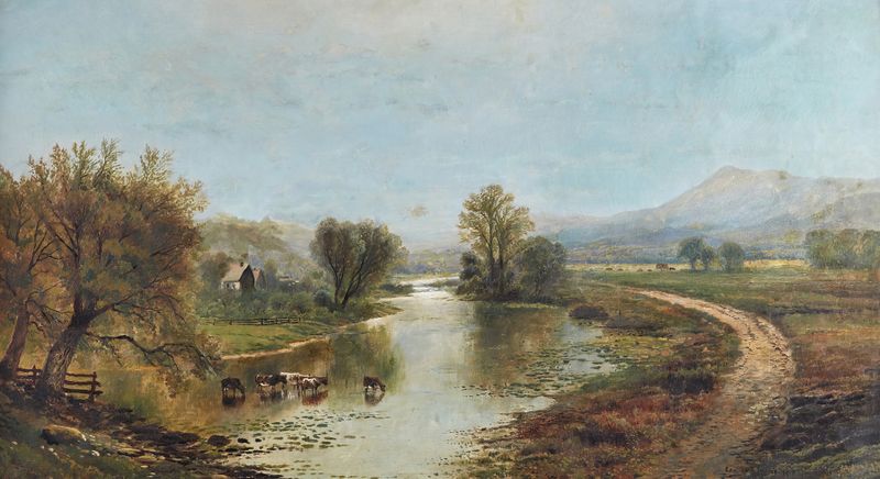 Paisagem panorâmica com fazendas, rio, vacas e montanhas de Edmund Darch Lewis, óleo sobre tela