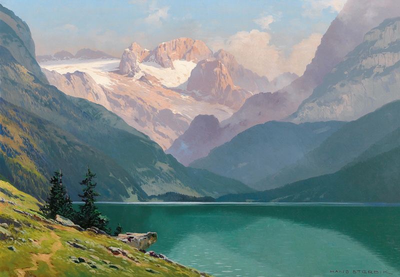 Lake Gosau with the Dachstein, oil on canvas by Toni Haller, featuring tranquil waters and mountains.