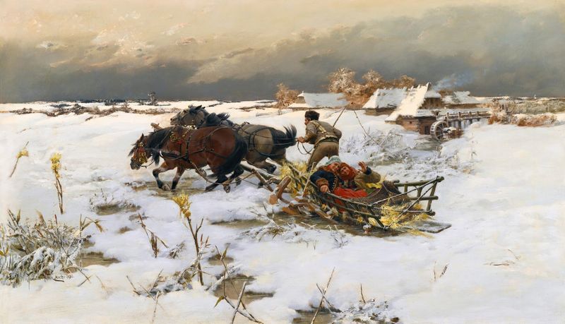 The Sledge Ride, oil on canvas by Jaroslav Věšín, shows a sledge gliding over snow in a winter landscape.