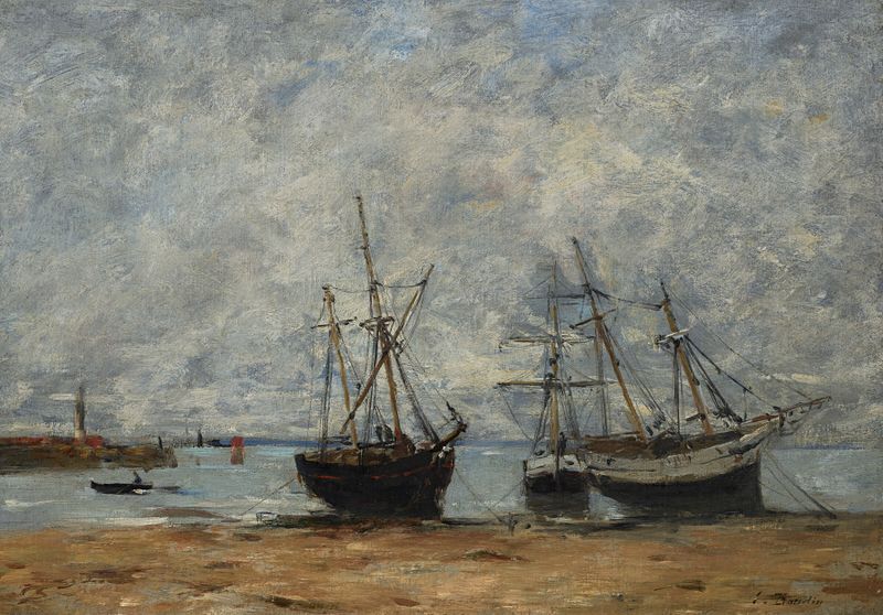 Pintura a óleo de Eugène Boudin mostrando barcos na maré baixa em um porto