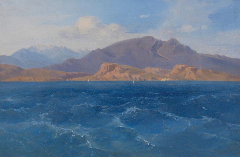 Landscape oil painting by Ludwig Lange featuring mountains and ruins