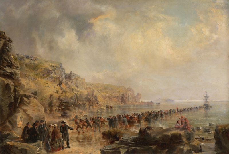 Landing the Shore End of the Atlantic Cable, óleo sobre tela de Robert Charles Dudley, retratando barcos e figuras na costa.