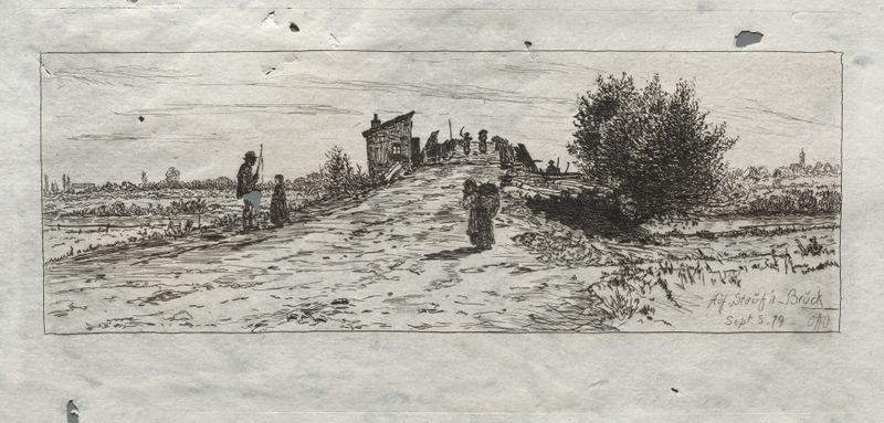 Obra de realismo de Otto Henry Bacher mostrando uma figura solitária em uma ponte sobre águas calmas.