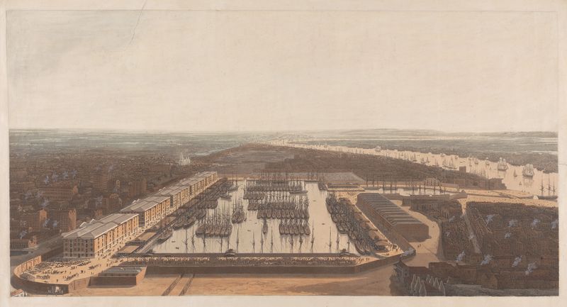 A View of the London Dock, acuarela sobre papel de William Daniell