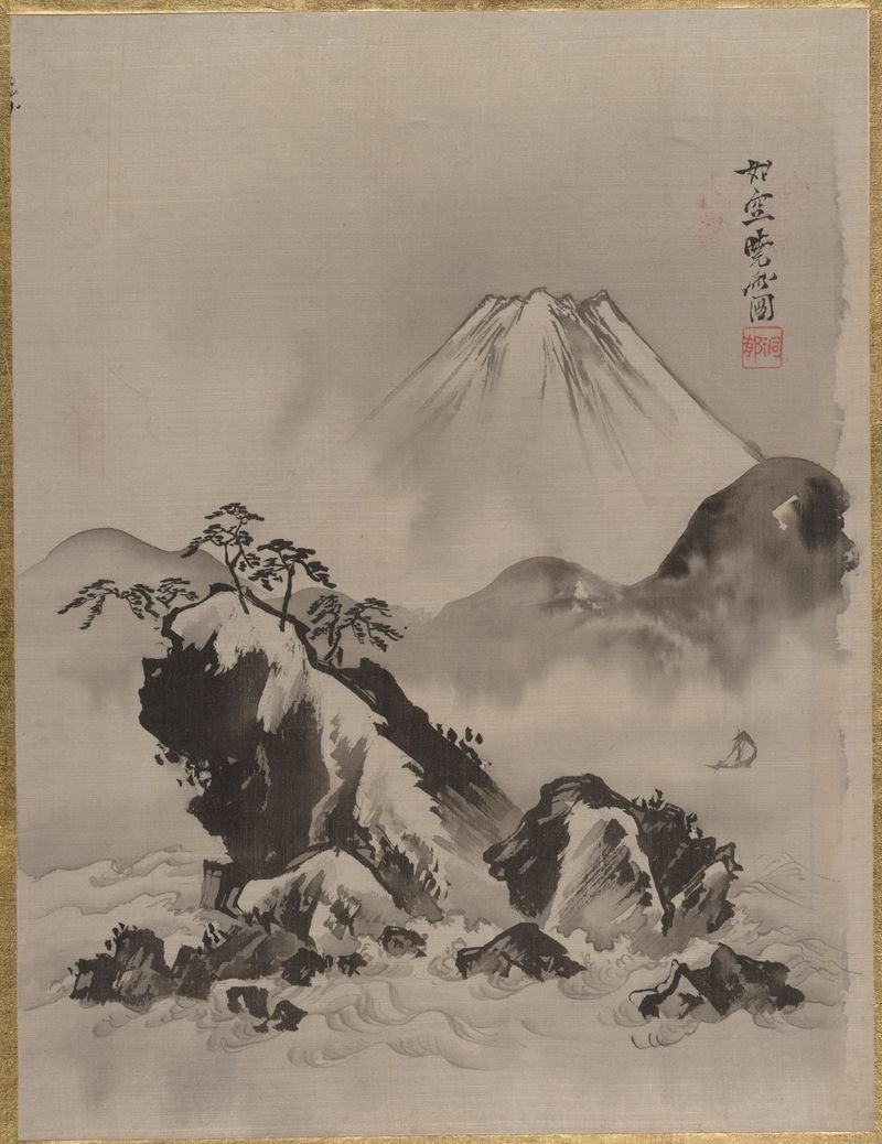 Ukiyo-e of Mount Fuji by Kawanabe Kyōsai, depicting a serene landscape with clouds