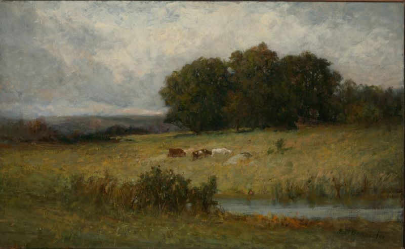Cattle by a stream in a green landscape, oil painting by Edward Mitchell Bannister