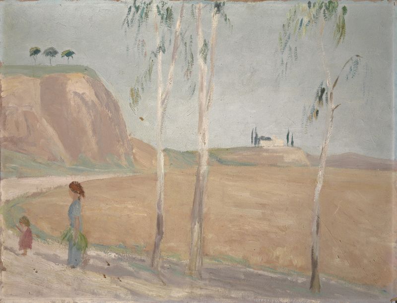 Roman Landscape de Ernst Schiess, pintura a óleo que retrata um horizonte sereno com tons de ocre e azul.