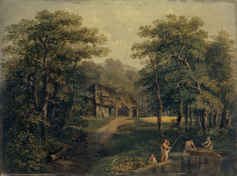 Landscape depicting a pastoral scene with water and sunset by Conrad Gessner