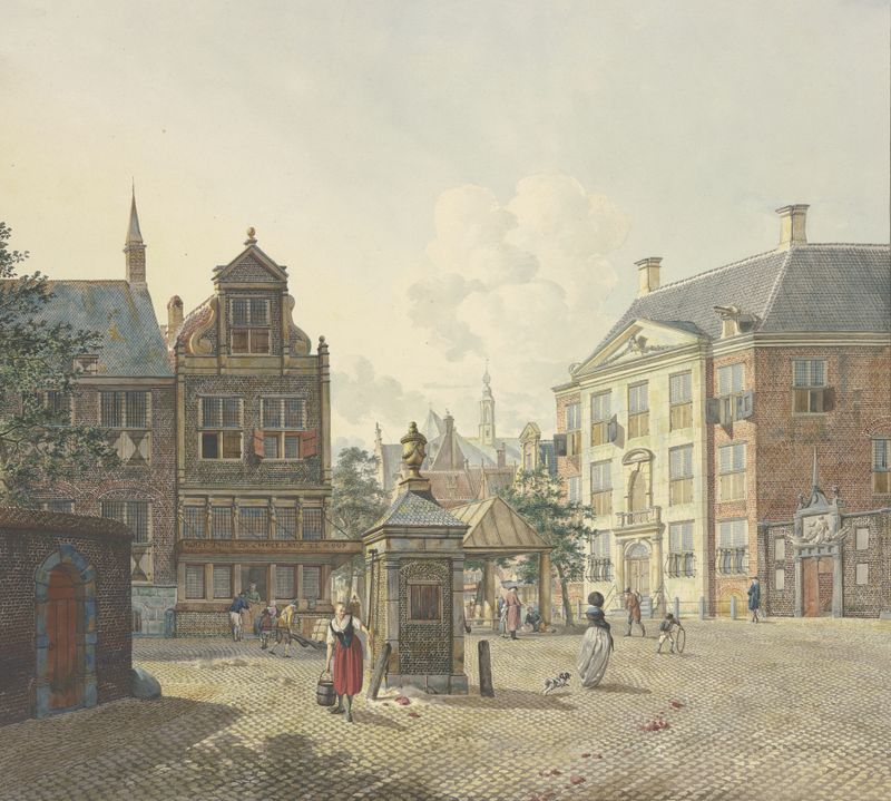 Oil on canvas by Johannes Huibert Prins depicting a fountain and a maid in a red skirt
