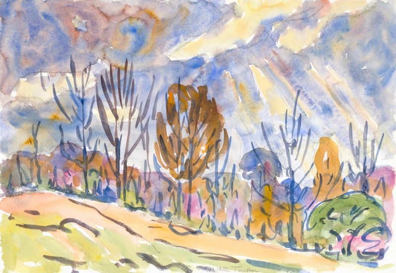 Watercolor by Allen Tucker depicting a path leading to the horizon, watercolor on paper