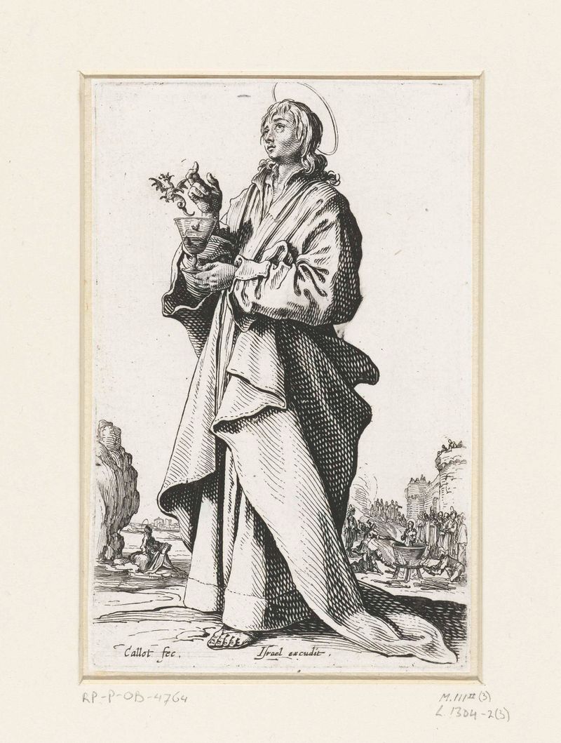 Apostel Johannes de Evangelist gravura de Jacques Callot, retratando um apóstolo solene em luz suave.