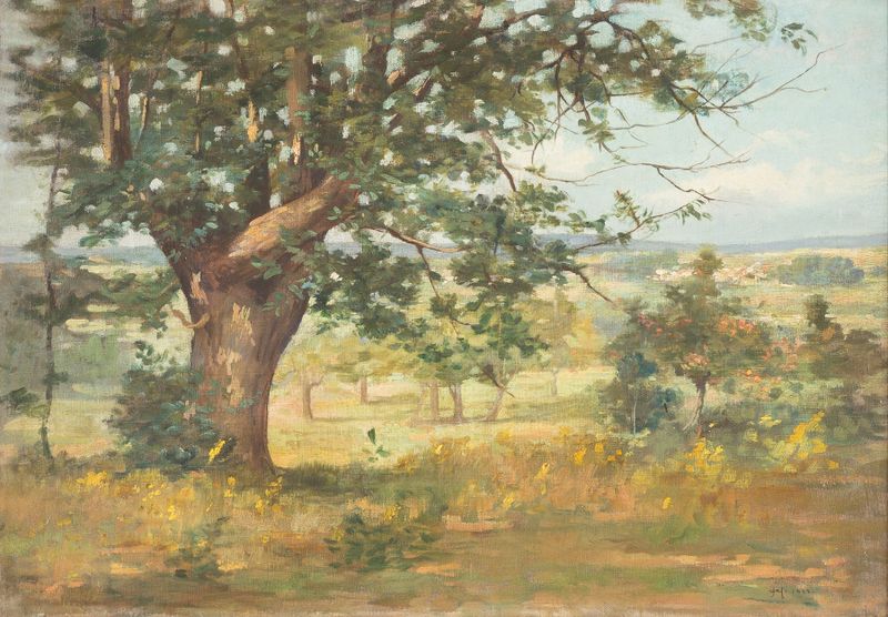 Paisaje de Emile-Charles Dameron, óleo sobre lienzo que representa colinas suaves y un cielo etéreo.