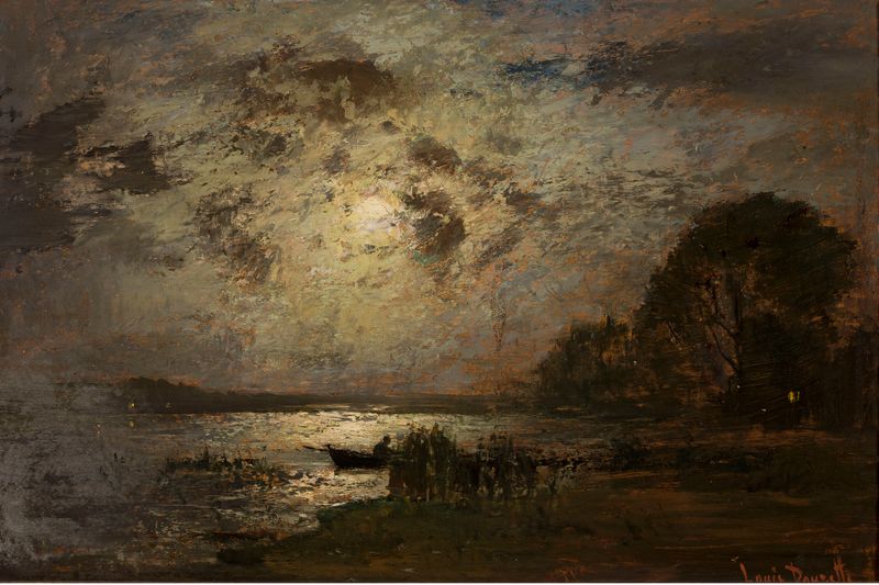 Moonlit landscape by Louis Douzette, oil on canvas depicting a serene night scene.
