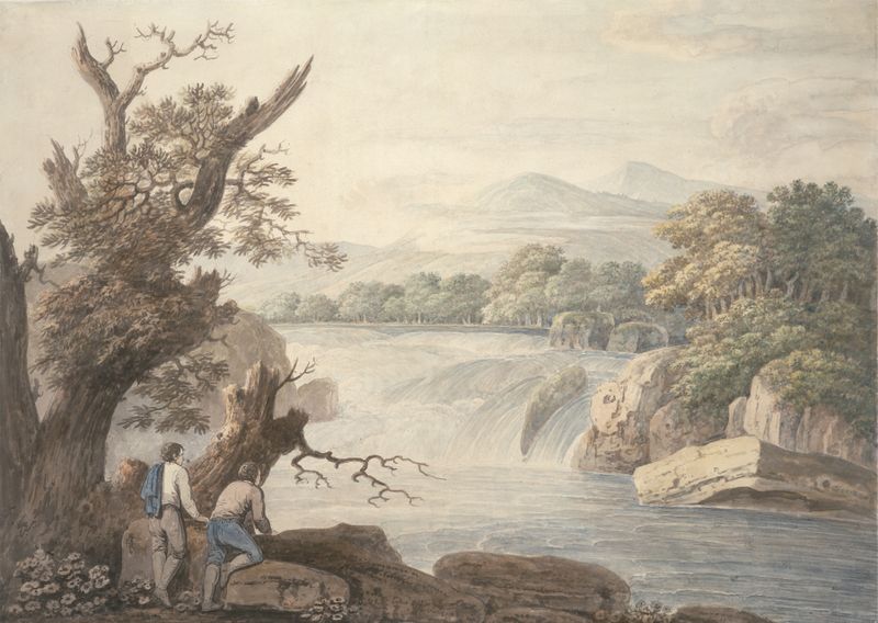 Falls near Terni by Jacob More, oil on canvas depicting a waterfall and rocky landscape