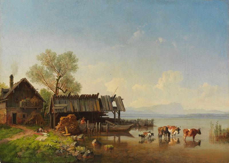 Lake and mountains at dawn, oil on canvas by Heinrich Bürkel