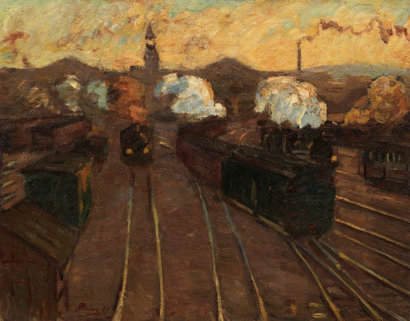 óleo sobre lienzo de Hermann Pleuer que representa la estación de Stuttgart con un cielo azul pálido