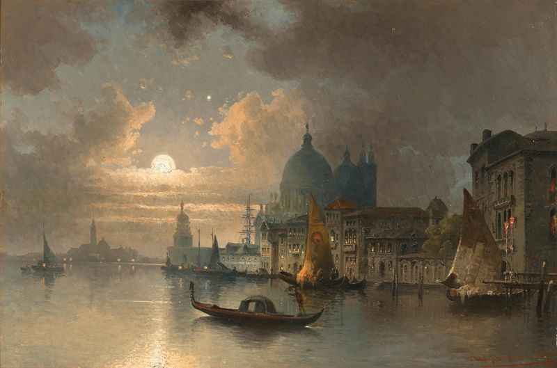 Venice, a Moonlit Night in the Bacino de Karl Kaufmann, óleo que muestra góndolas en un canal por la noche