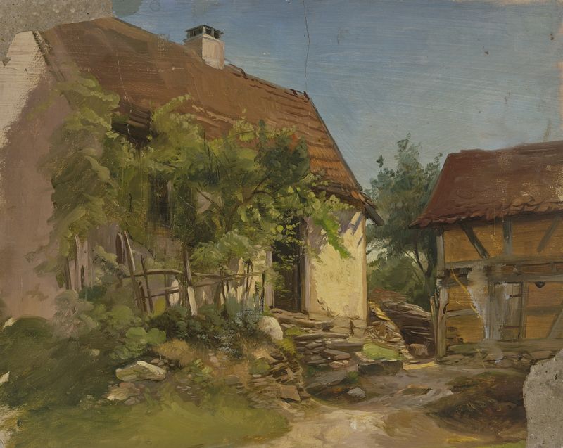 Casa de Campo de Jakob Becker, óleo sobre lienzo que representa una casa de campo y colinas.