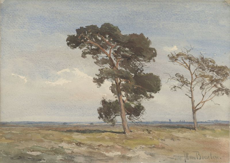 Landscape with heather and two trees, oil on canvas by Jan Willem van Borselen