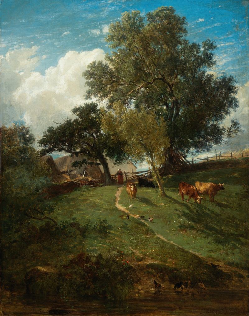 A Landscape de Emile Charles Lambinet, óleo sobre tela representando um rio sereno e árvores.