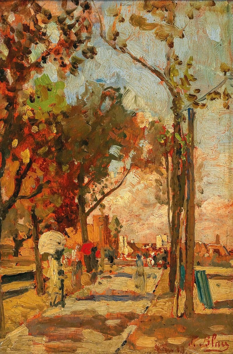 Pintura a óleo realista de Tina Blau mostrando o escritório de alfândega e os quartéis