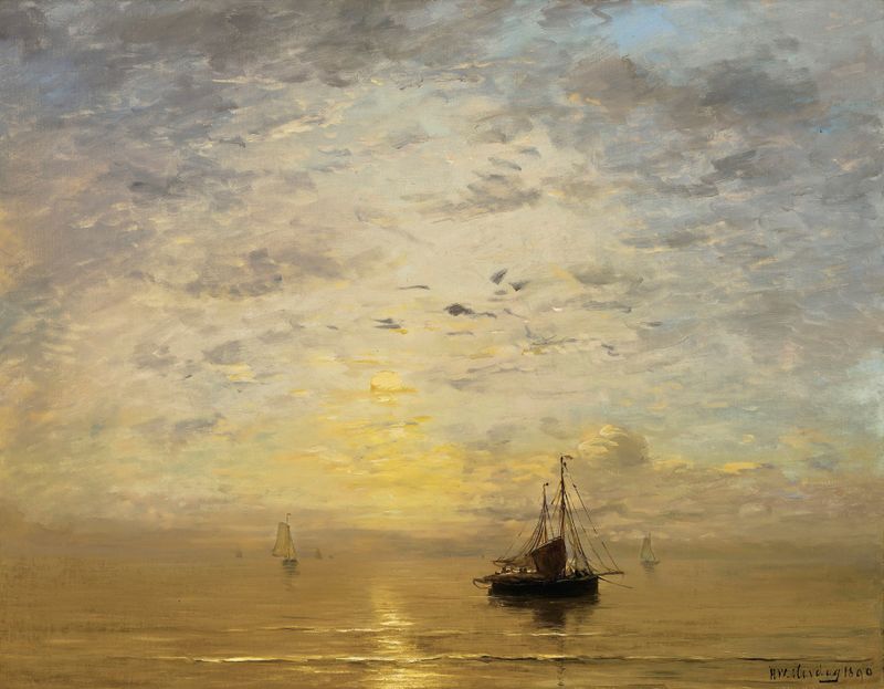 Marine de Hendrik Willem Mesdag, óleo que muestra olas vivas y un horizonte cerúleo.