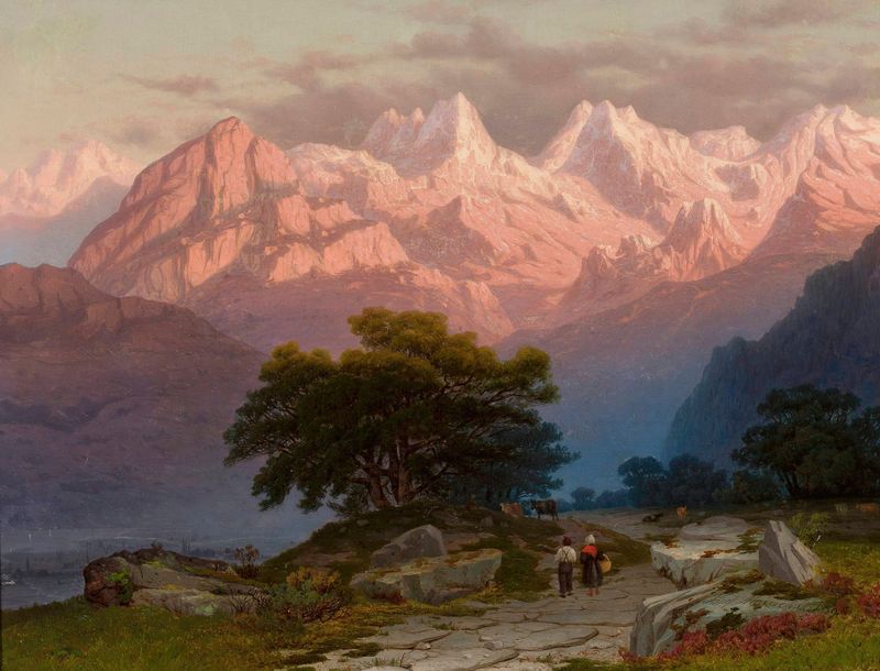 Mountain landscape with staffage, oil on canvas by Józef Marszewski