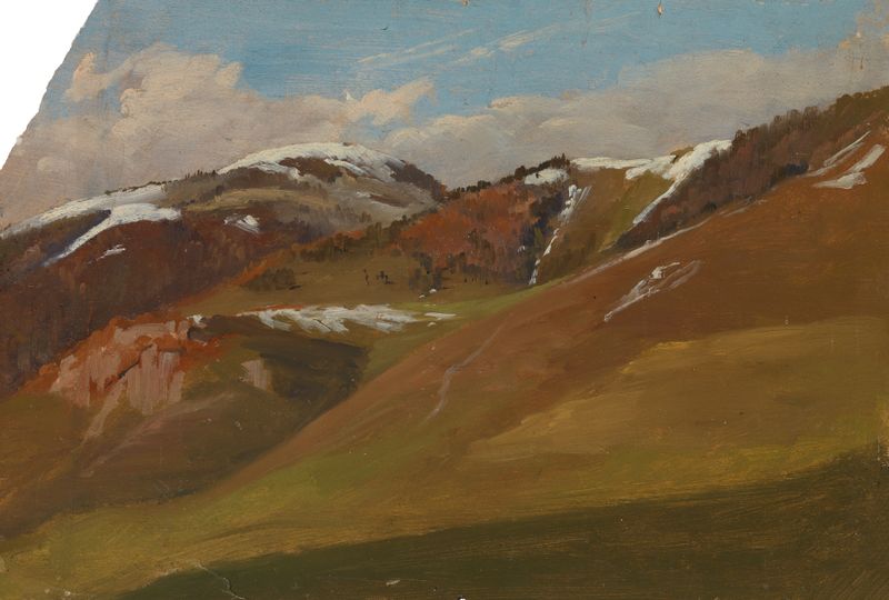 Landscape with mountains at sunrise, oil on canvas by Eugen Bracht