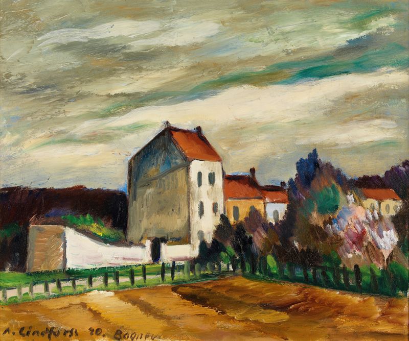 Town View, Bogneux de Anton Lindforss, óleo sobre lienzo que muestra techos al atardecer