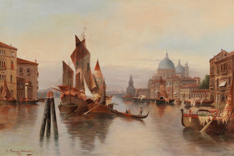 Venetian Scene de Karl Kaufmann, óleo sobre tela representando um canal sereno com reflexos e luz suave.