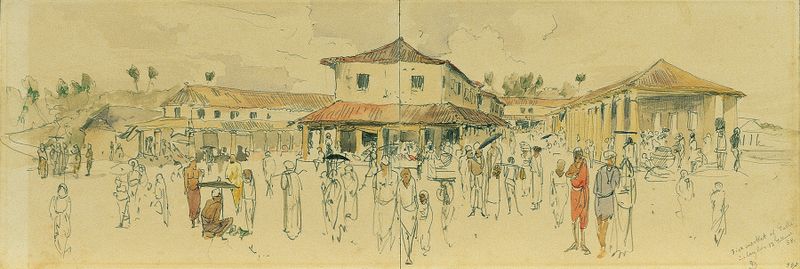 Fischmarkt in Point de Galle auf Ceylon by Joseph Selleny, depicting fishermen unloading their catch, medium unknown.