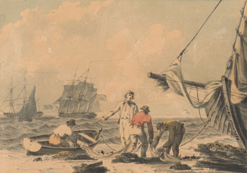 Coast Scene with Figures de John Thomas Serres, pintura a óleo com figuras na costa.