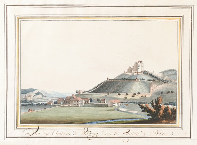 Vue du Chateau de Wildegg dans le Canton de Berne por Caspar Wolf, pintura a óleo
