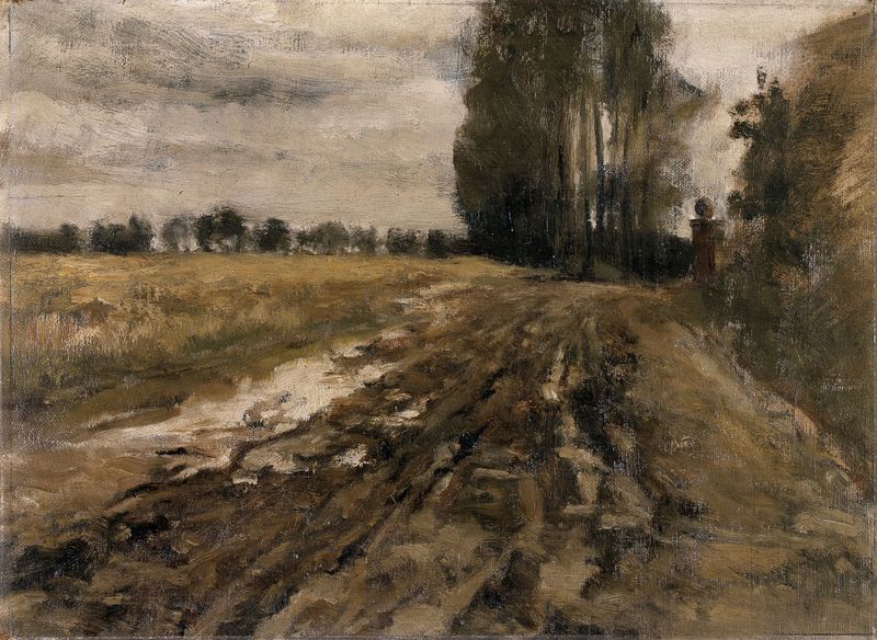 Country Road after the Rain de Jacques de Lalaing, pintura a óleo que retrata uma estrada molhada e folhagem exuberante.