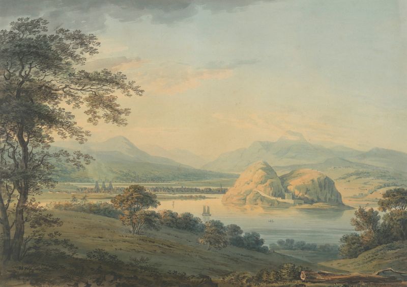 Landscape oil painting by Hugh William Williams featuring a town and castle near a river.