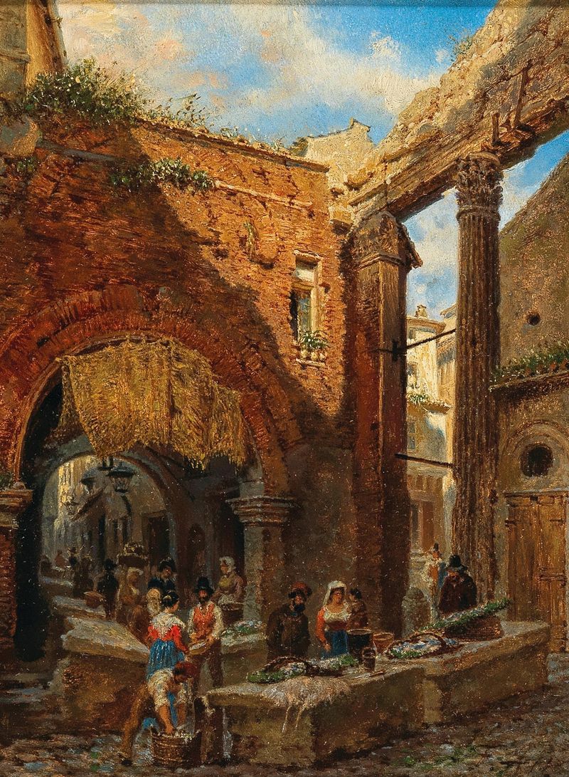 Oil painting by Franz Alt depicting the Portico di Ottavia with market stalls.